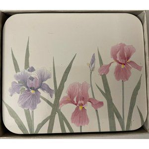 Jason Coasters 6 Rectangle Iris Cork Back Coasters in box Flower Design